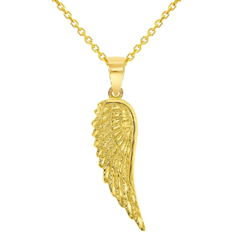 Solid 14k Yellow Gold Textured Angel Wing Charm Pendant with Cable, Curb or Figaro Chain Necklace