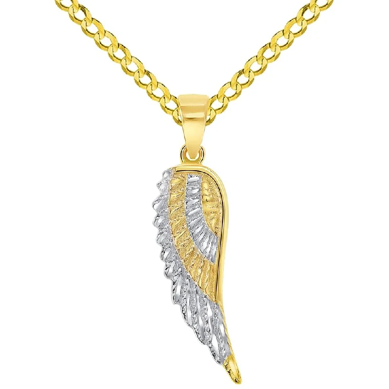 Solid 14k Yellow Gold Textured Two-Tone Angel Wing Charm Pendant with Curb or Figaro Chain Necklace