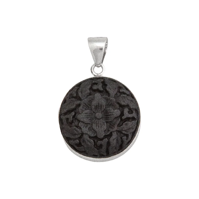 Sterling Silver Black Cinnabar Flower Pendant