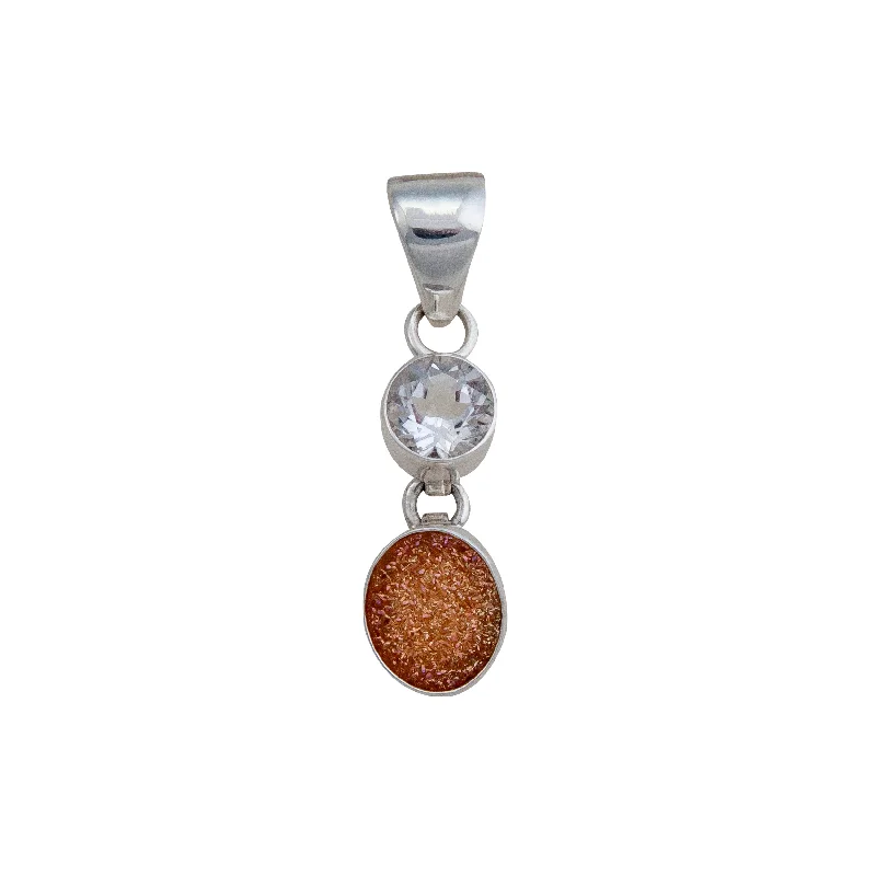 Sterling Silver Clear Quartz and Peach Druzy Double Pendant