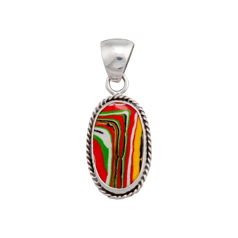 Sterling Silver Green Fordite Oval Rope Pendant