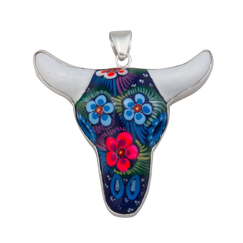 Sterling Silver Hand Painted Ceramic Cow Skull Pendant