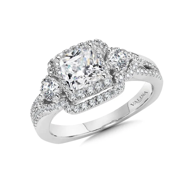 A diamond halo mount set in 14k white gold.