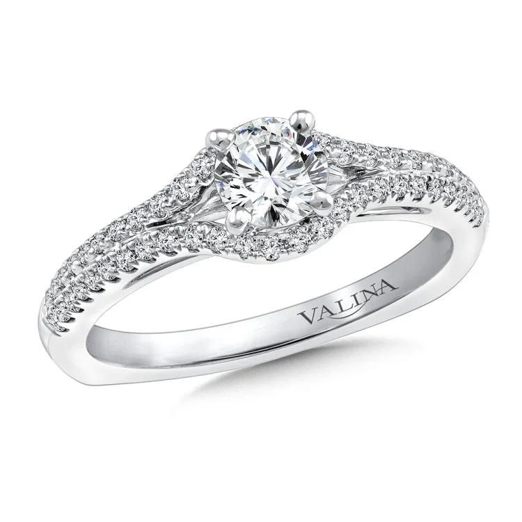 Diamond engagement ring mounting with split shank and side stones set in 14k white gold.