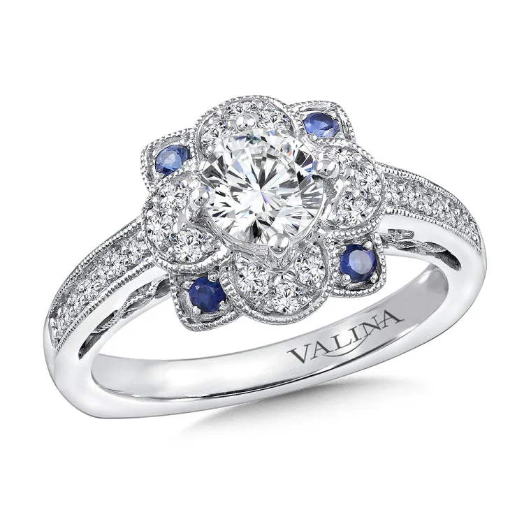 Floral Diamond and Blue Sapphire Halo Engagement Ring