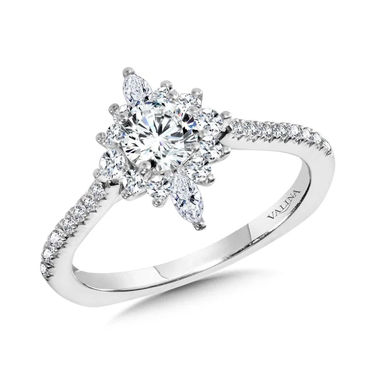 Marquise-Accented Sun Burst Diamond Halo Engagement Ring