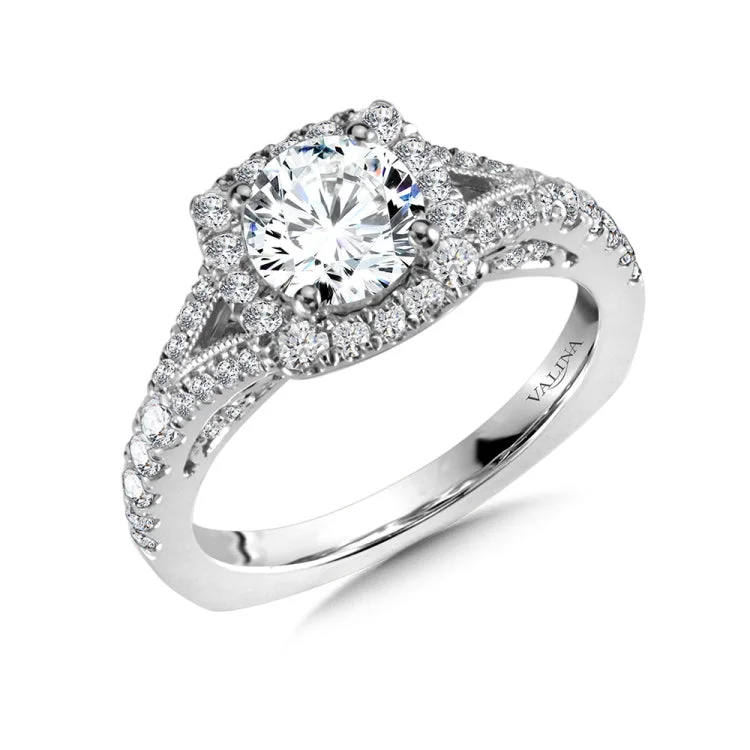 Vintage Split Shank Cushion-Shaped Halo Diamond Engagement Ring  w/ Spiral Diamond Undergallery