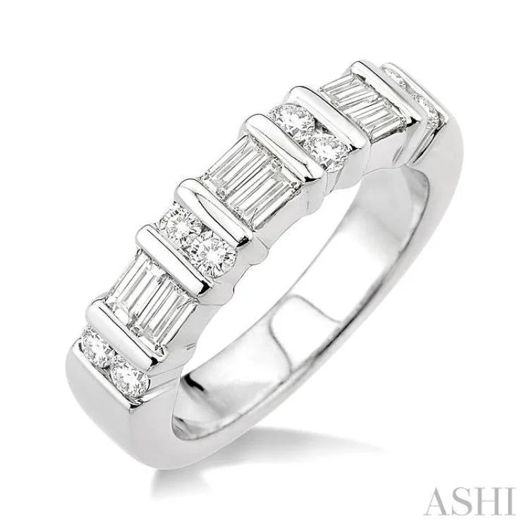 1 Ctw Baguette and Round Cut Diamond Fashion Band in 14K White Gold