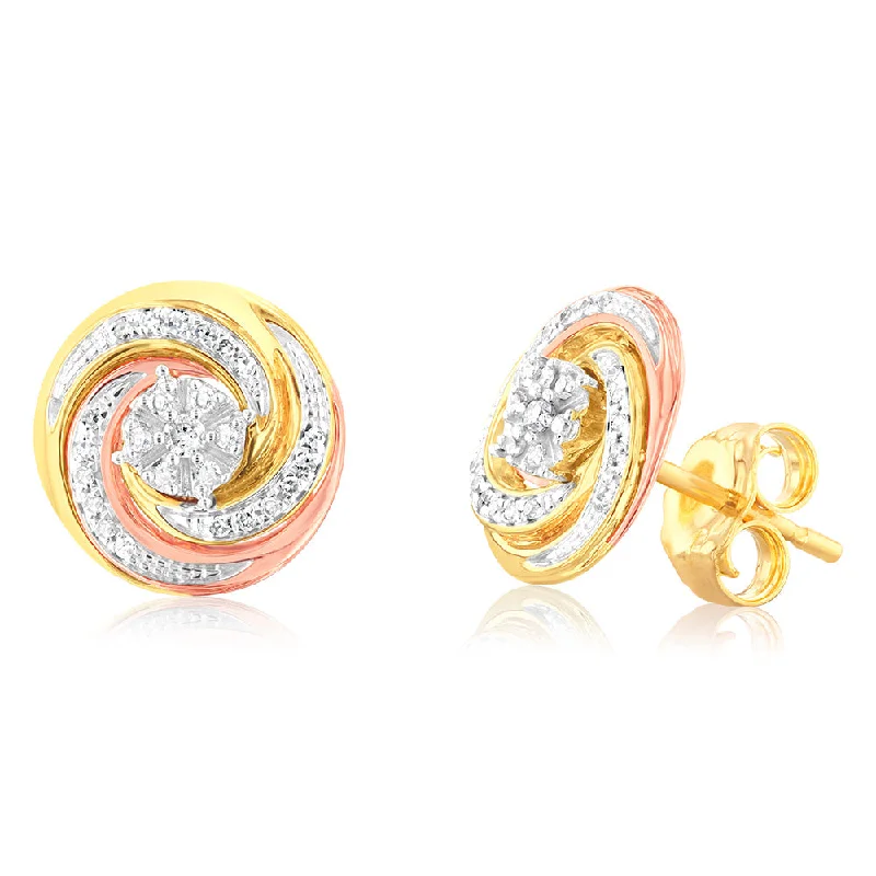 9ct 3-Tone 1/10 Carat Diamond Swirl Stud Earrings with 50 Round Brilliant Diamonds