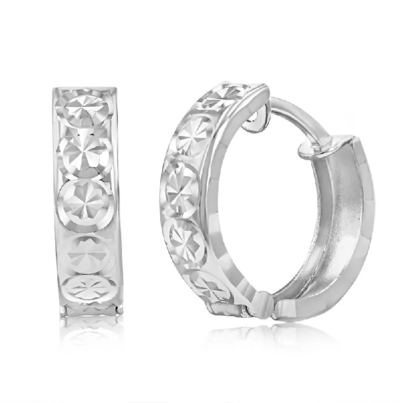 9ct White Gold 10mm Huggie Hoop Earrings with diamond cutting features