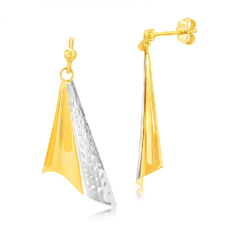 9ct Yellow And White Gold Folded Triangle Drop Earrings