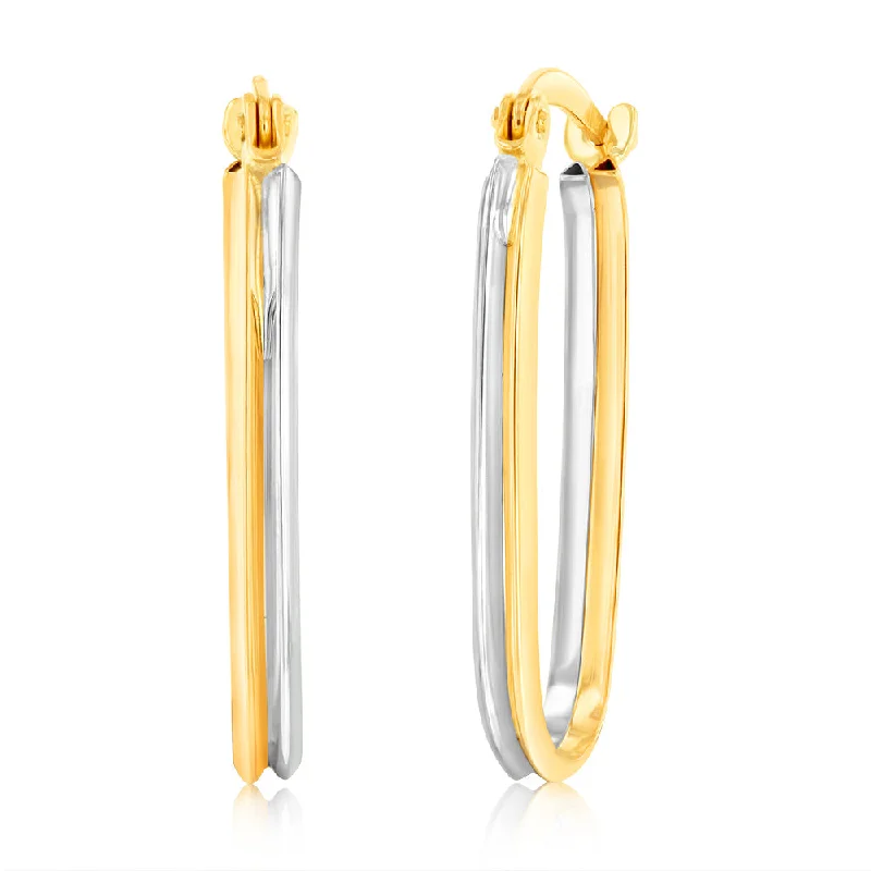 9ct Yellow And White Gold Two Tone Elongated Hoop Earring