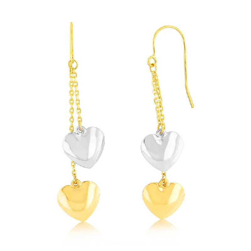 9ct Yellow And White Two-Tone Gold Heart Drop Hook Earrings