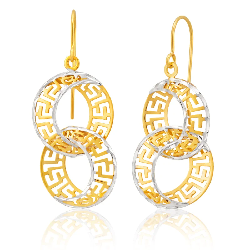 9ct Yellow Gold Silver Filled Double Hoop Greek key Earrings