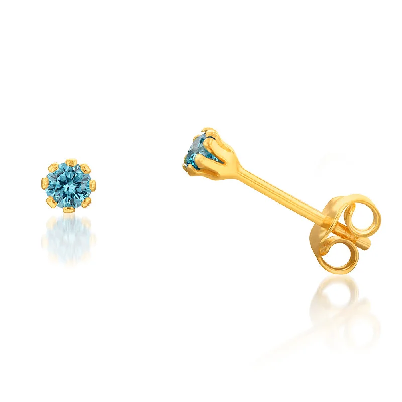 9ct Yellow Gold Silverfilled Sea Blue 3.2mm Cubic Zirconia Stud Earrings