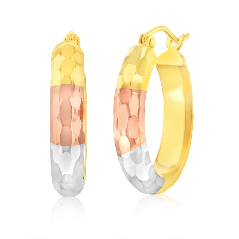 9ct Yellow Rose And White Gold Silverfilled Three Tone Diamond Cut Half Round Hoop Earrings