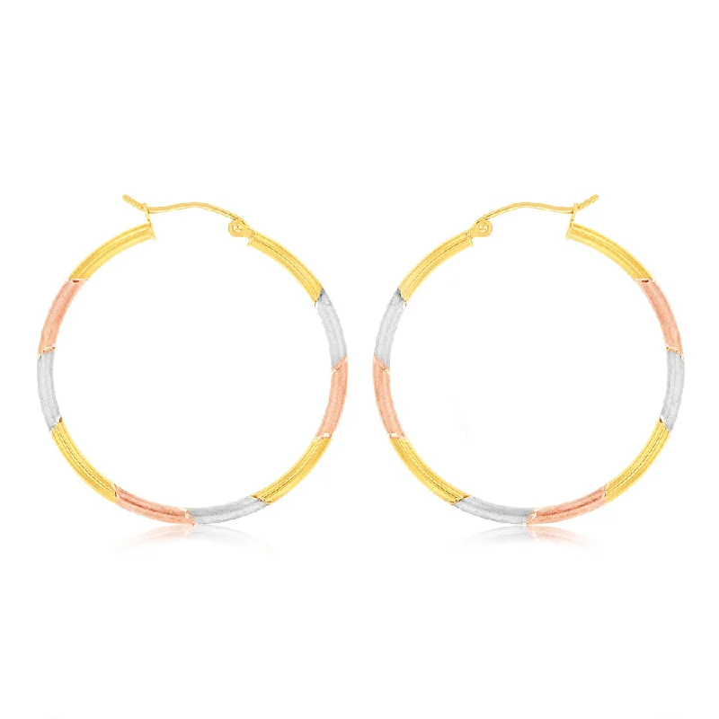 9ct Yellow Rose And White Gold Tri Colour  Super Light Diamond Cut Tube Hoop Earrings