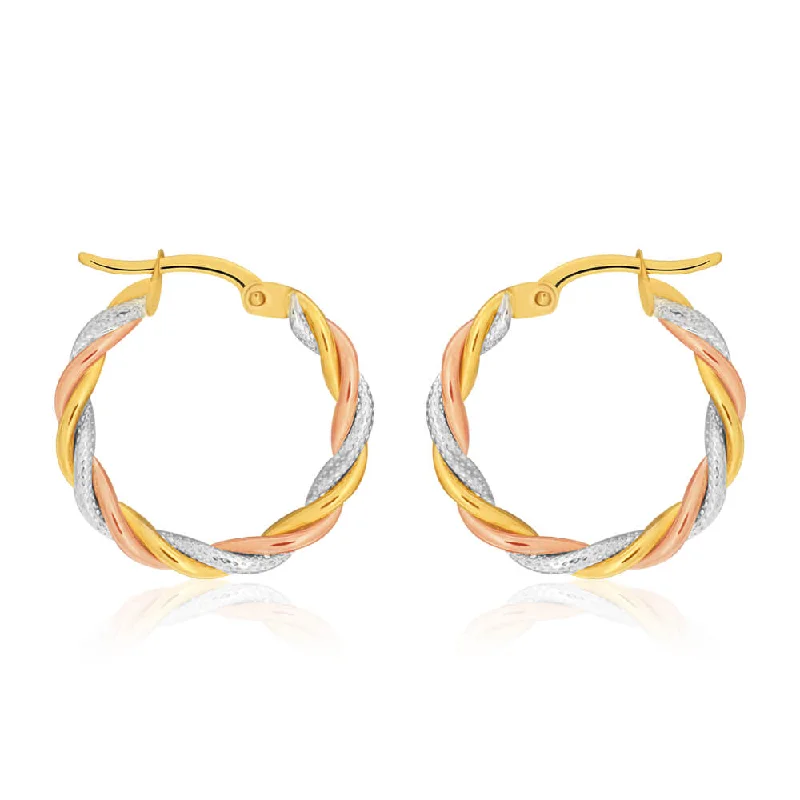 9ct Yellow, Rose & White Gold Hoop Earrings 3 tube twist