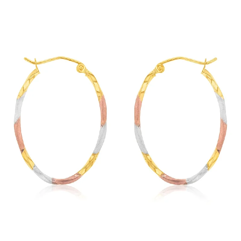 9ct Yellow, Rose, White Three Tone Twist Tube Hoop Earrings