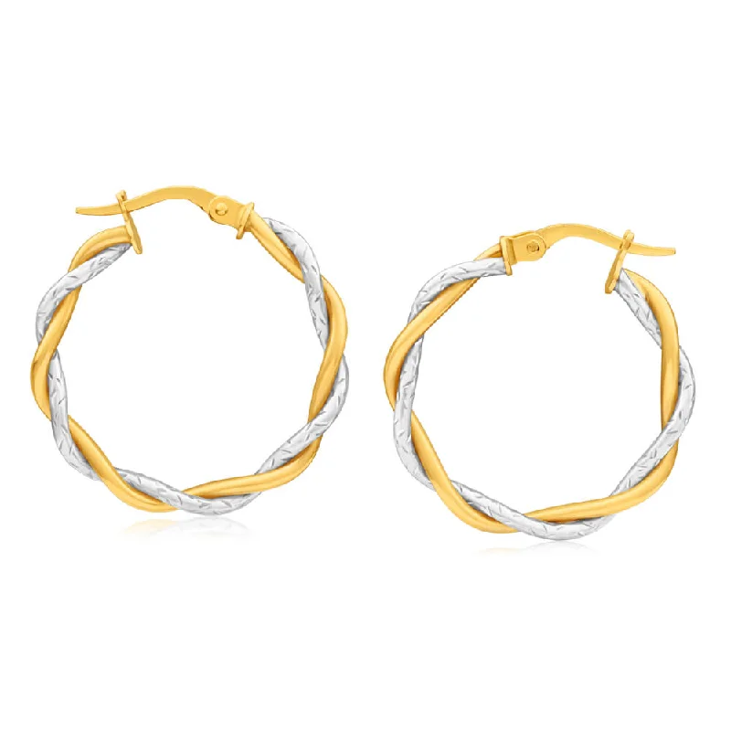 9ct Yellow & White Gold Hoop Earrings twin tube twist