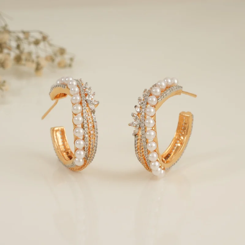 Beautiful pearl studded diamond gold hoop earring