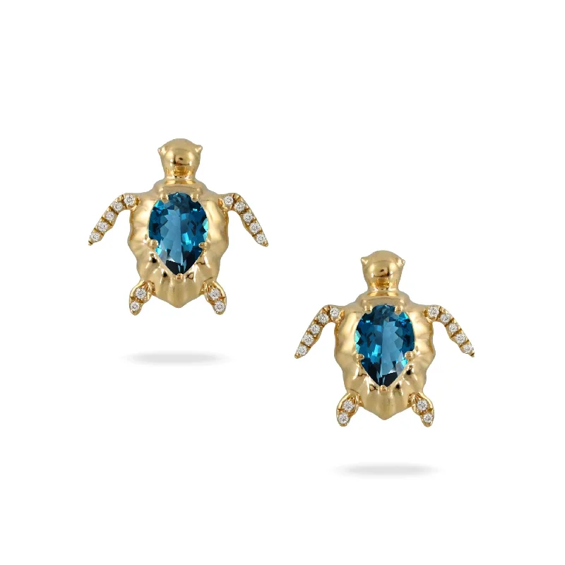 Blue Topaz & Diamond 18K Gold Sea Turtle Stud Earrings