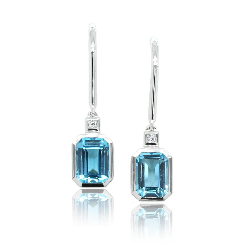 14K White Gold Emerald Cut Blue Topaz Earrings