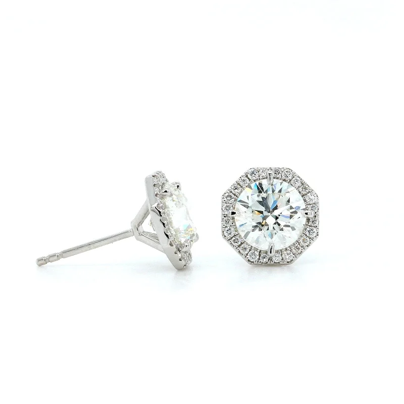 18K White Gold Diamond with Octagon Diamond Halo Stud Earrings