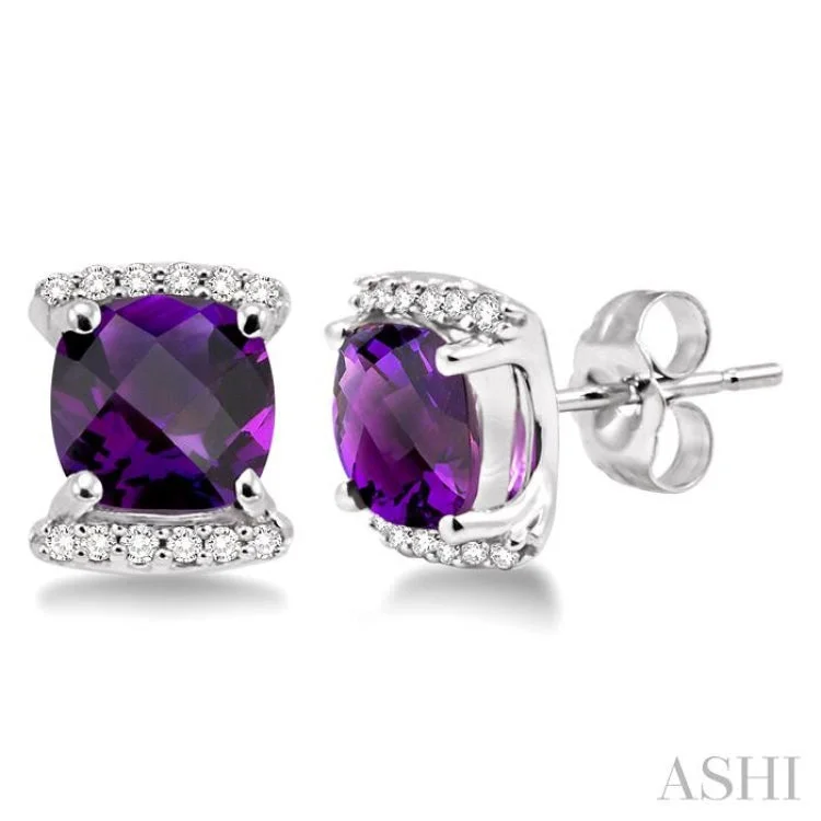 6x6MM Cushion Cut Amethyst and 1/10 Ctw Round Cut Diamond Earrings in 14K White Gold