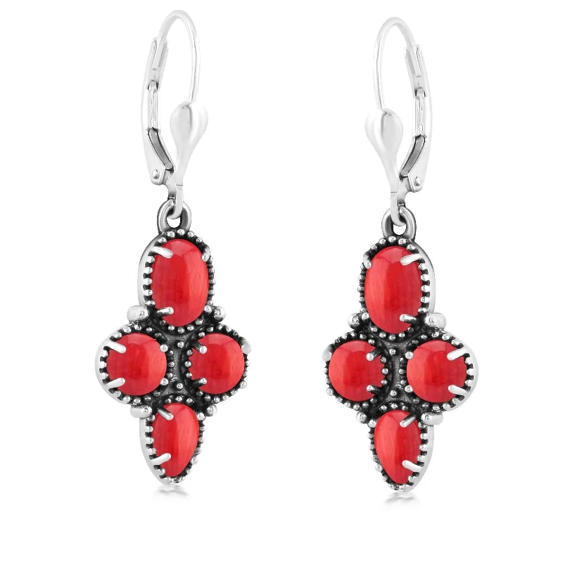 Sterling Silver Red Coral Lever Back Earrings