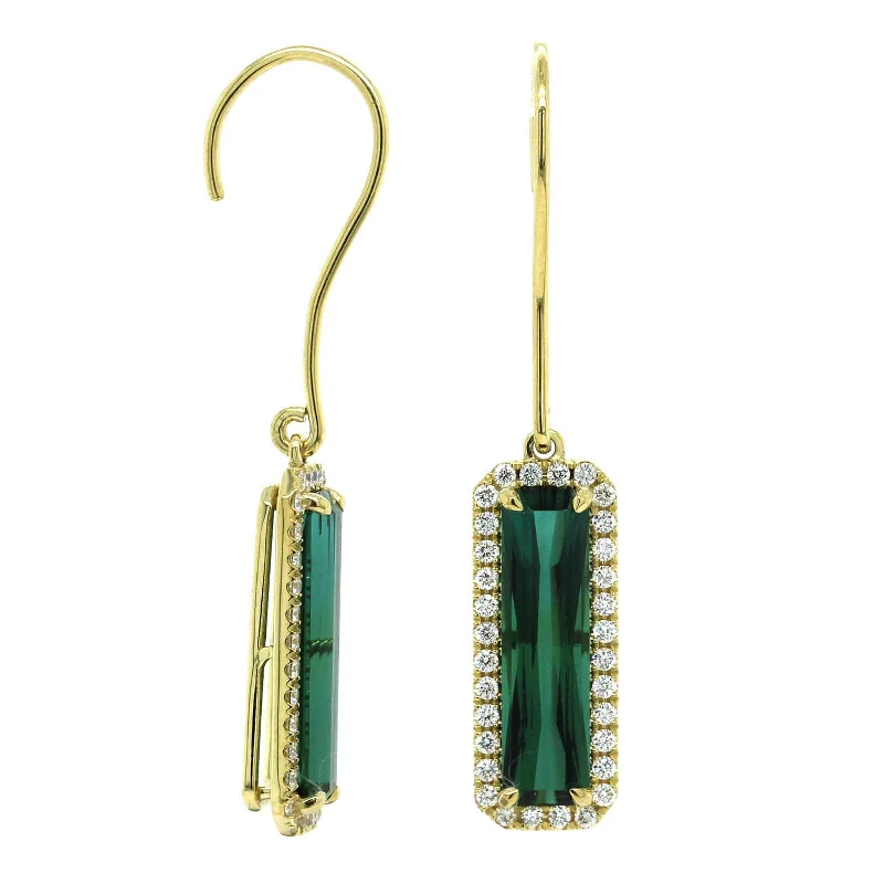 18K Yellow Gold Tourmaline Diamond Halo Drop Earrings