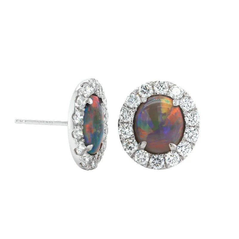 18K White Gold Opal and Diamond Halo Stud Earrings