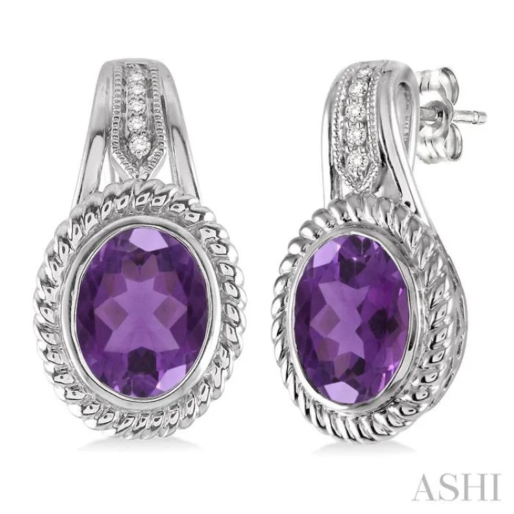 9x7 MM Oval Cut Amethyst and 1/20 Ctw Single Cut Diamond Earrings in Sterling Silver