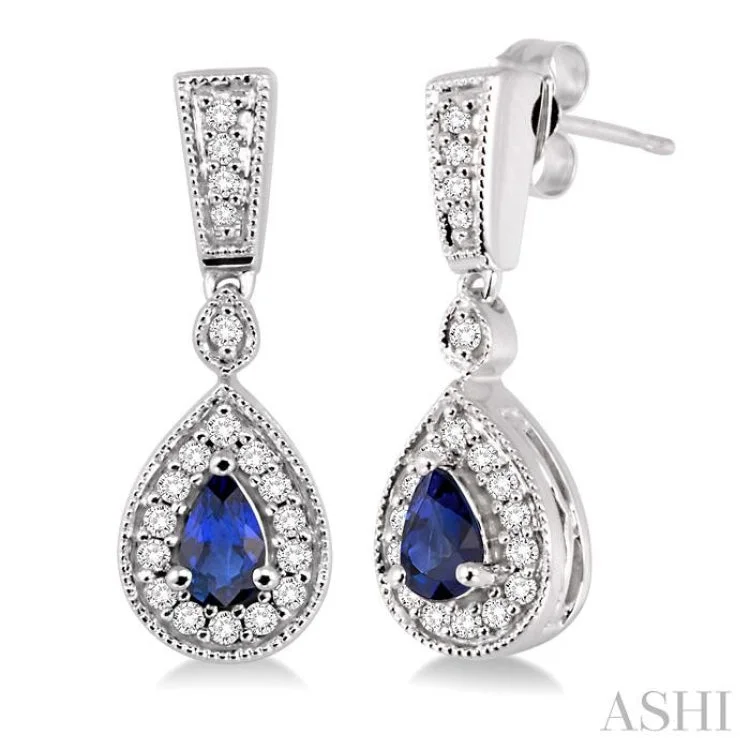 5x3mm Pear Shape Sapphire and 1/3 Ctw Round Cut Diamond Earrings in 14K White Gold