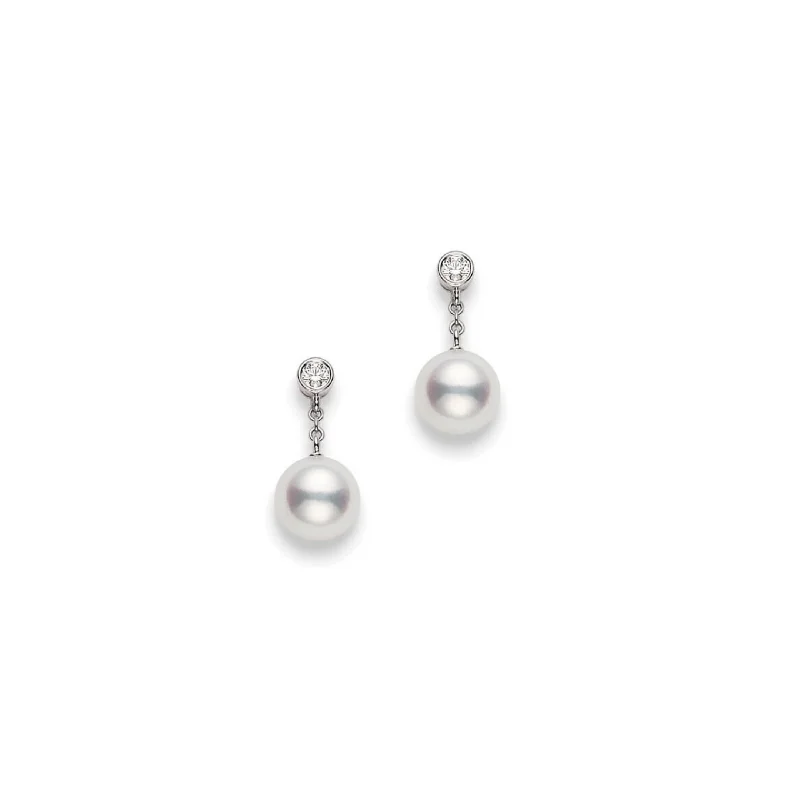 Mikimoto 18K White Gold Pearl and Bezel Set Diamond Earrings