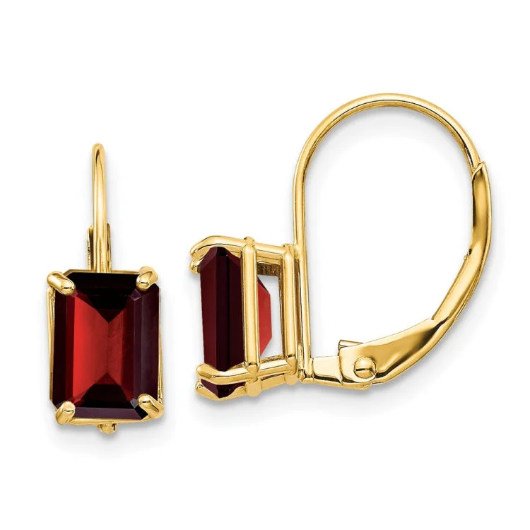 14k 7x5mm Emerald Cut Garnet Leverback Earrings