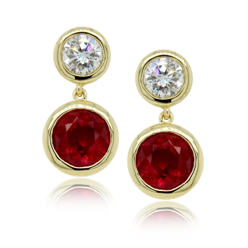 18K Yellow Gold Bezel Set Ruby and Diamond Drop Earrings