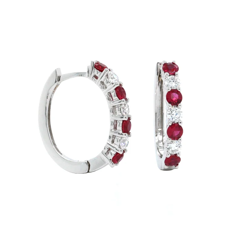 18K White Gold Ruby and Diamond Huggie Earrings