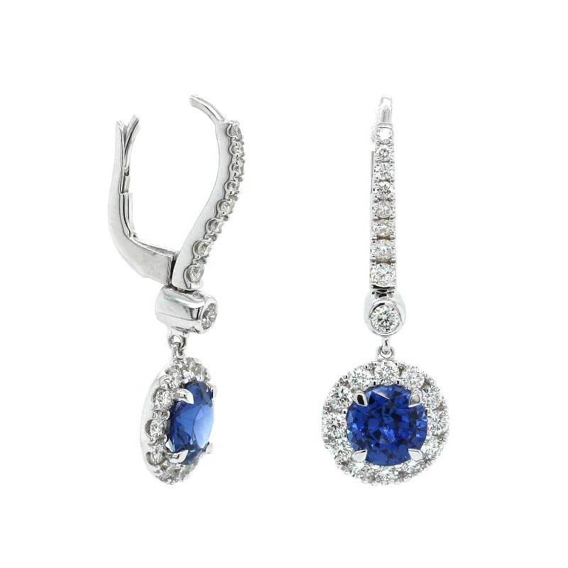 18K White Gold Sapphire and Diamond Halo Dangle Earrings