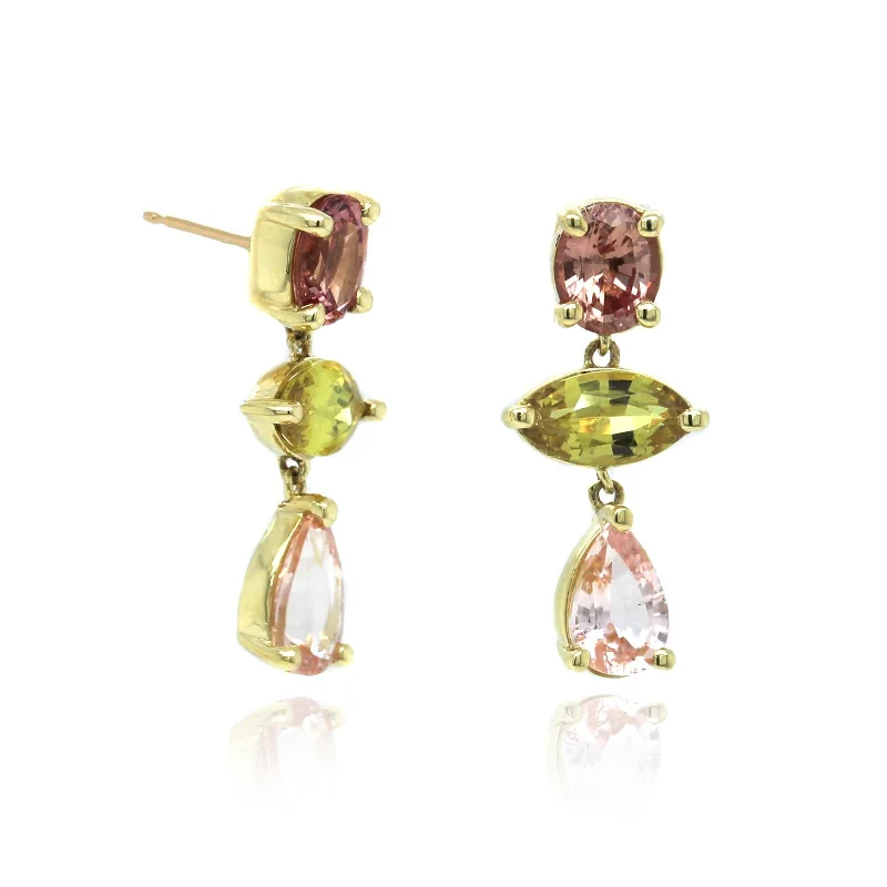 18K Yellow Gold Sapphire 3 Stone Drop Earrings