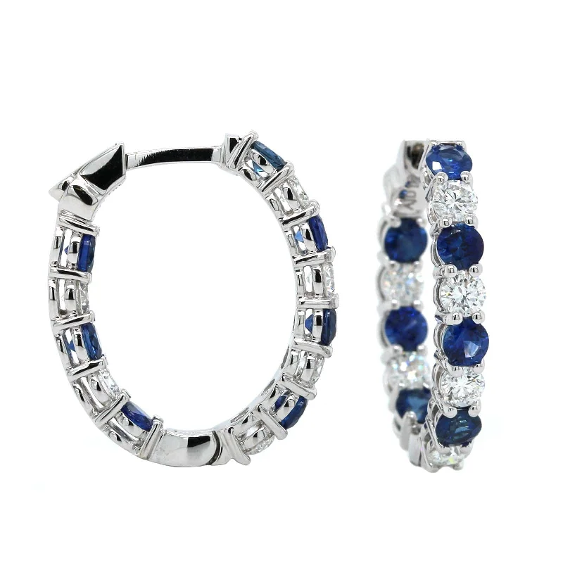 18K White Gold Inside Outside Sapphire and Diamond Hoop Earrings