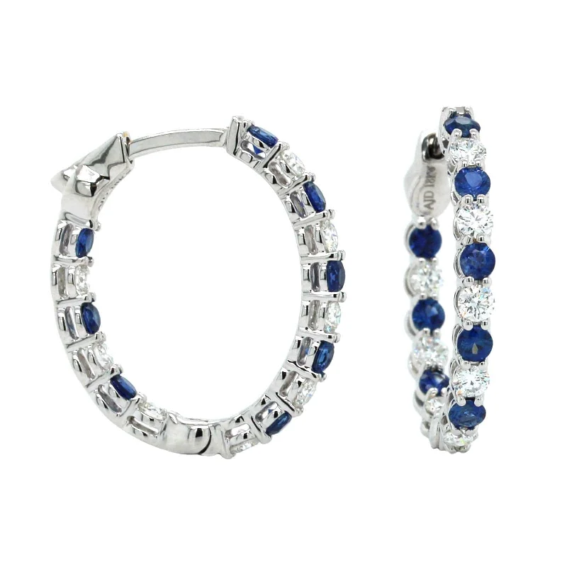 18K White Gold Inside Outside Sapphire and Diamond Hoop Earrings