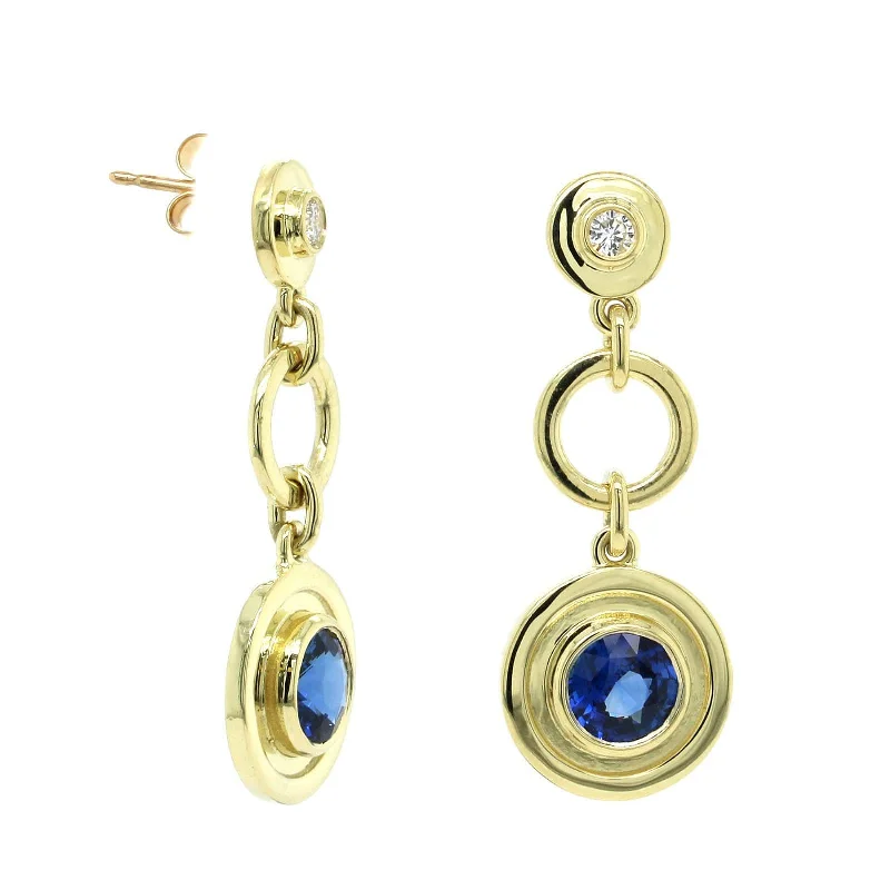 18K Yellow Gold Sapphire Diamond Dangle Earrings