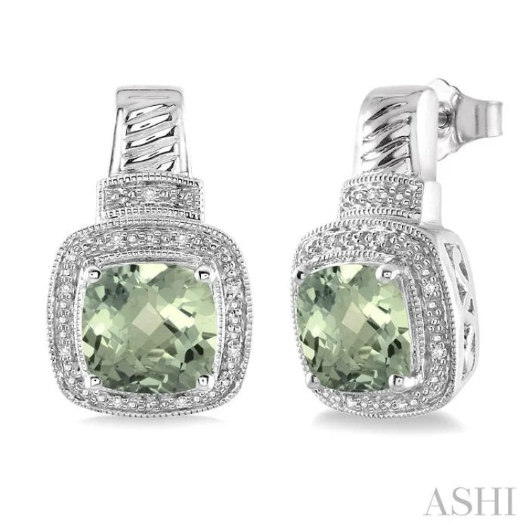 8x8 mm Cushion Cut Green Amethyst and 1/20 ctw Single Cut Diamond Earrings in Sterling Silver