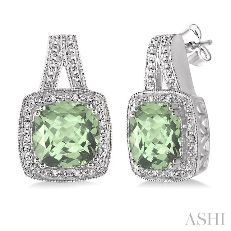 8x8 mm Cushion Cut Green Amethyst and 1/20 ctw Single Cut Diamond Earrings in Sterling Silver