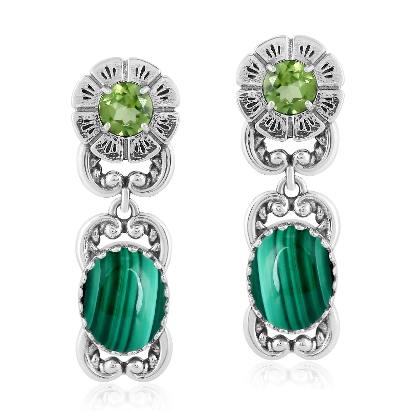 Sterling Silver Malachite, and Peridot Desert Bloom Dangle Earrings