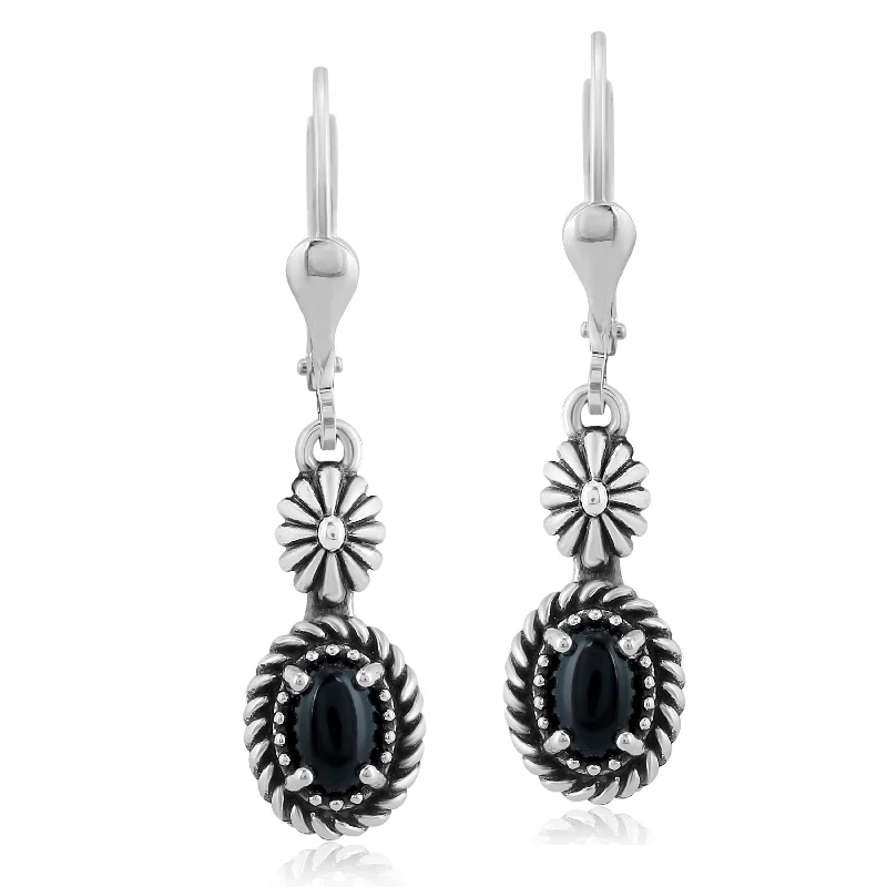 EXCLUSIVELY OURS! Sterling Silver with Black Agate Gemstone Floral and Rope Design Women's Drop and Dangle Earrings