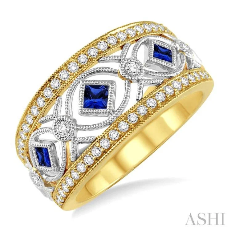 2.3 MM Princess Cut Sapphire and 1/3 Ctw Round Cut Diamond Band in 14K Yellow and White Gold