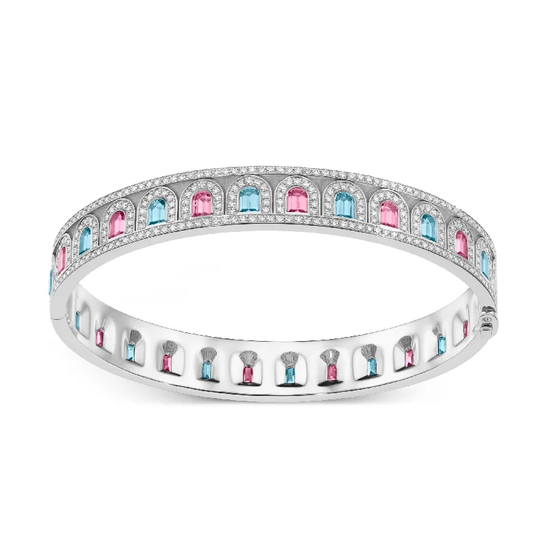 L'Arc Deco Bangle in Platinum with DAVIDOR Arch Cut Aquamarines DAVIDOR Arch Cut Pink Tourmalines and Brilliant Diamonds