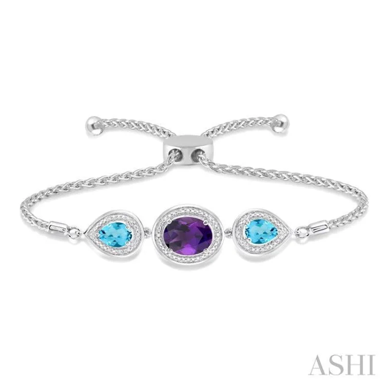 1/20 Ctw Oval 10x8mm Amethyst & Pear Shape 7x5mm Blue Topaz Round Diamond 3Stone Sterling Silver Lariat Bracelet